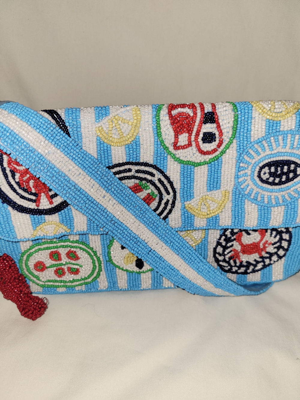 Handcrafted In India Beaded Blue Seafood Motif Shoulder Bag